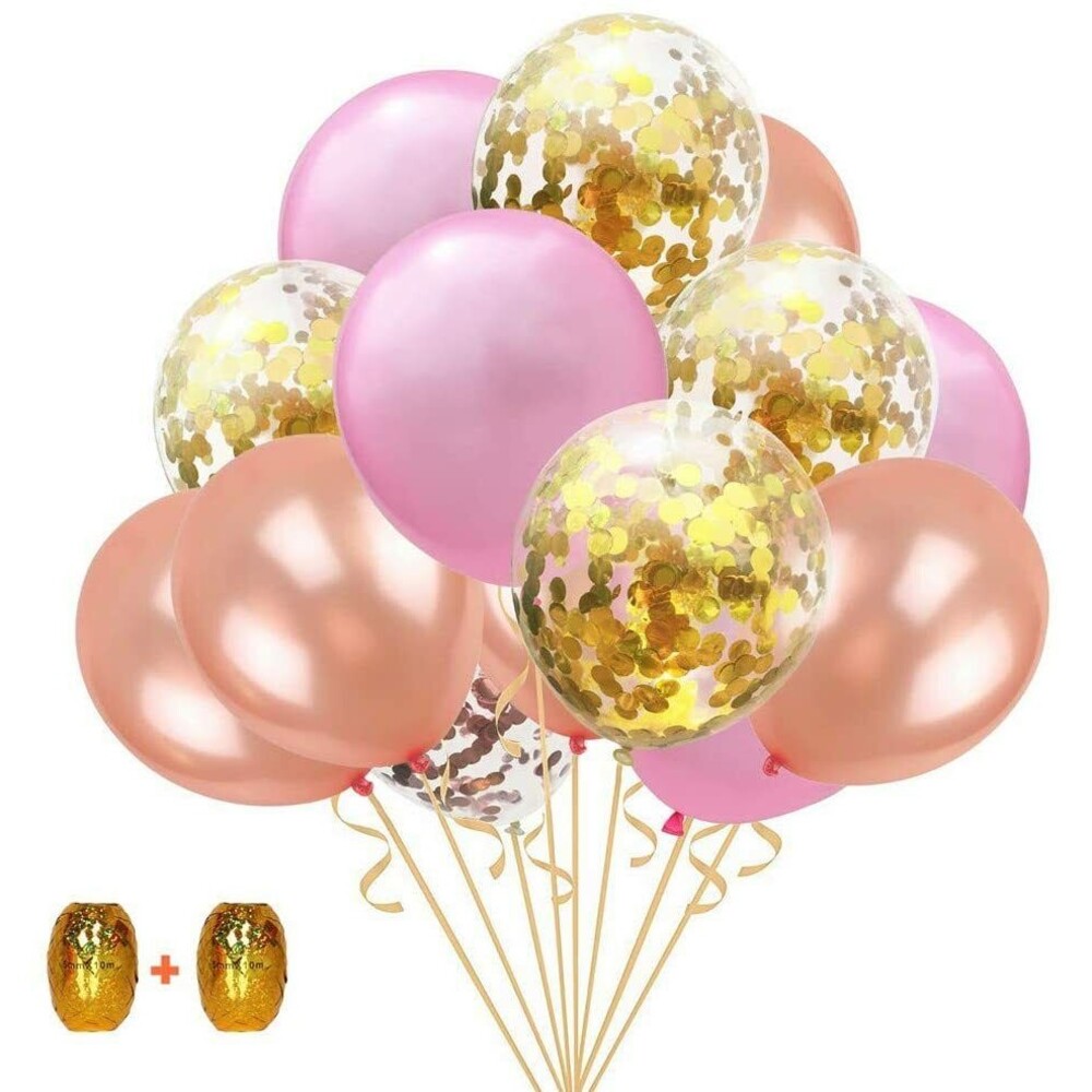Set of 50 Gold Confetti 12" Latex Balloons w/60 Feet Rose Gold Ribbon